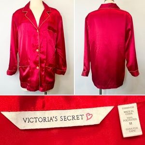 🔥90s Victoria’s Secret Silky Satin Red Long Sleeve Lounge Top Nightshirt Shirt